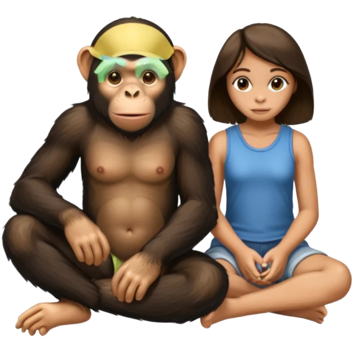 un chiomapnze sentado en el suelao al lado de una chica emoji