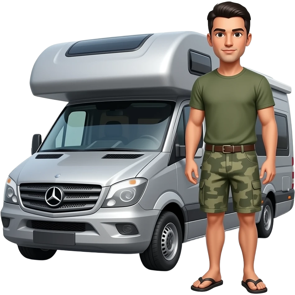 Slim military cut dark haired man in shorts and flip flops standing next to a grey Mercedes road style rv emoji