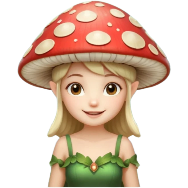 mushroom fairy portrait, head and shoulders only, wearing a large mushroom cap hat, tiny glowing wings visible behind shoulders, cute magical smile, forest fantasy vibe, 3D cartoon, mobile game icon style, clean background, no text, no watermark emoji