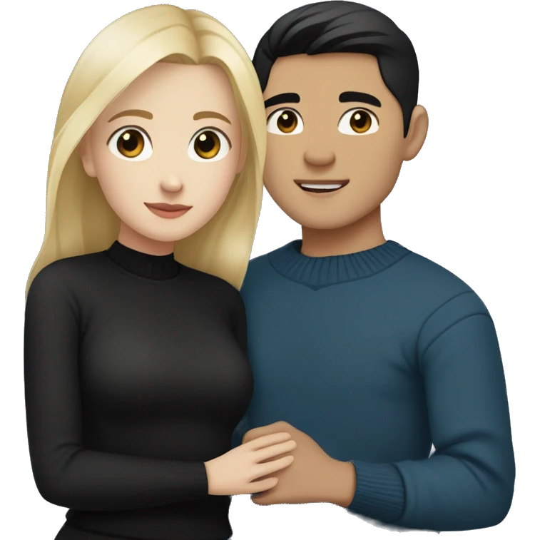 Blonde girl with blue eyes in black sweater and an east asian with light skin man with black hair and black eyes hugging emoji