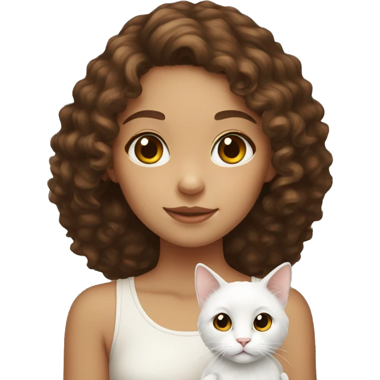 Girl with brown curly hair and brown eyes holding a white cat emoji