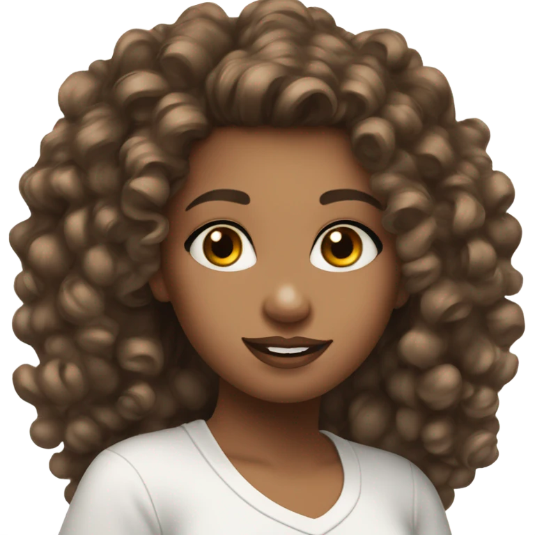 pretty girl with brown curly hair up to her shoulders wearing a white makeup T-shirt emoji