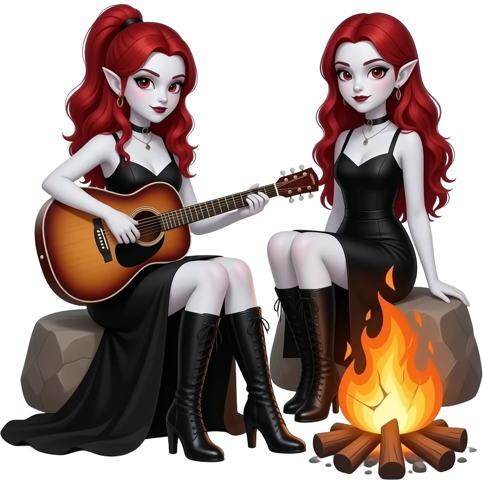 Vampiro femmina ADOLESCENTE con pelle bianca e capelli rosso ondulati lunghi raccolti in una mezza coda che indossa un vestito  lungo fino ai piedi nero e stivali lunghi con tacco neri che sta suonando una chitarra di legno seduta davanti a una falò con la sua amica FEMMINE VAMPIRO emoji