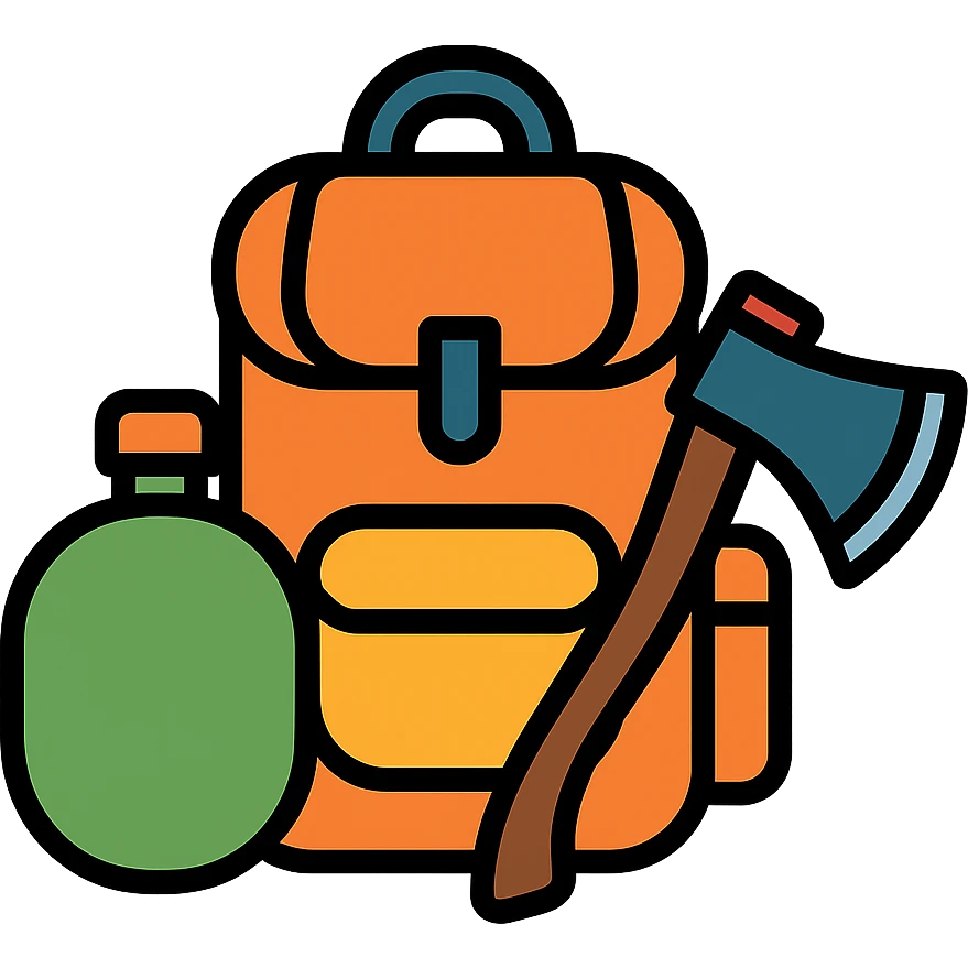 DayZ survival game theme icon with a backpack, canteen, and axe in color outline style emoji