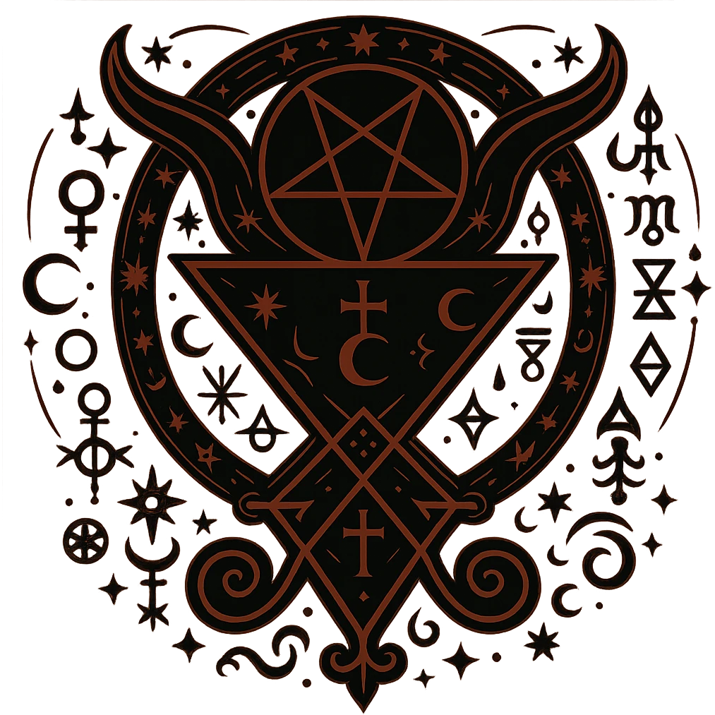 Add more occult symbols to Lucifer's emblem, elegant sigil with intricate and mystical details, black and red color scheme. The emblem should have a transparent background. emoji