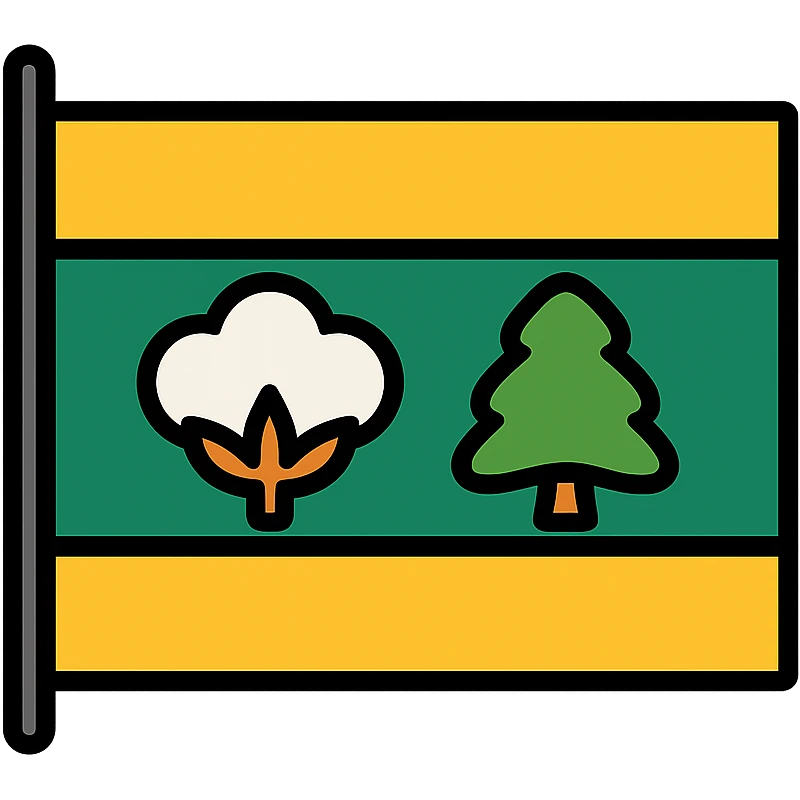 flag with repeating cotton and tree motifs, bold and graphic emoji