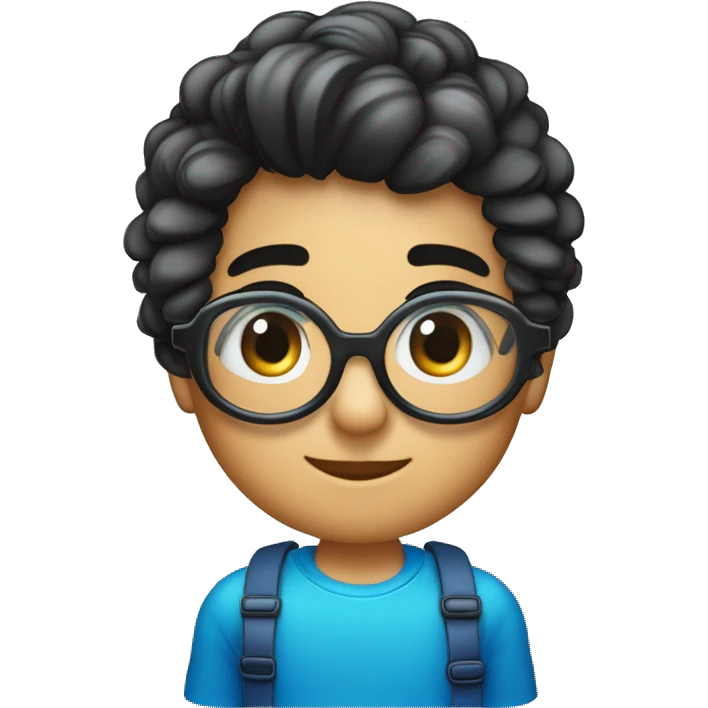 Niño 6 años pelo degradado en los lados, con flequillo recto y por detrás pelo largo negro,. Piel con tono normal, es español. Gafas Y2K (de tecno) grandes con los cristales azules. emoji