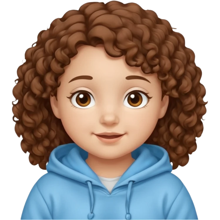 A girl with brown curly hair and chubby cheeks brown eyes and a happy face she has a baby blue hoddie emoji