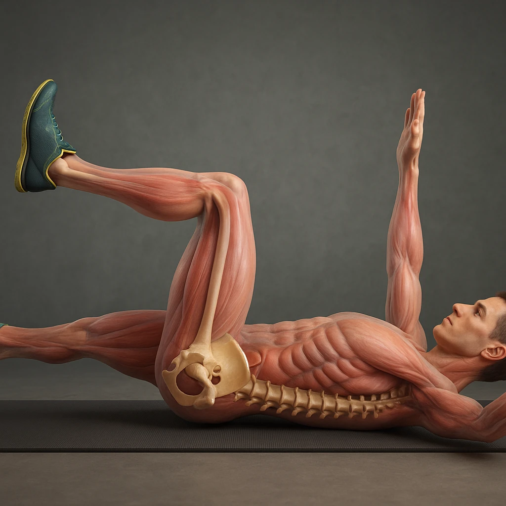 Create a hyperrealistic 4K anatomical side view of a man lying on the ground in the dead bug position as in the reference image. Highlight the pelvis bones and spine in 3D with realistic anatomical details. Show translucent muscles and skin to reveal the skeleton beneath. The atmosphere should be medical and detailed. emoji