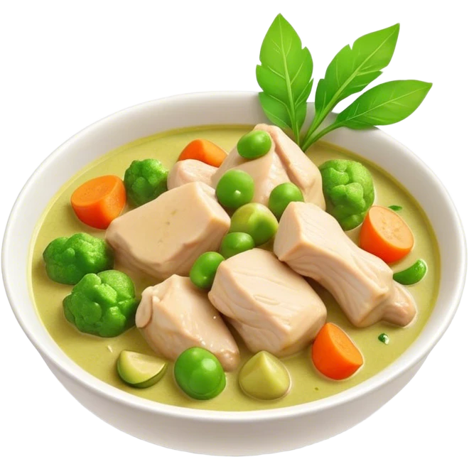 Green Chicken Curry Cinematic Realistic Green Chicken Curry Dish Emoji, depicted as tender chicken chunks simmered in a fragrant green curry sauce with vegetables, rendered with vivid textures and dynamic, vibrant lighting. emoji