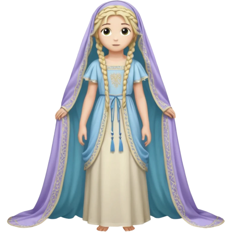 Joven de unos 20 años, de aspecto dulce y elegante.
Piel clara, ojos (pueden ser azules o verdes)
Rubio o castaño claro, largo, con trenzas o velo.
Vestido largo de tonos suaves (blanco, azul o lavanda), con bordados dorados; un manto o toca fina cubriendo la cabeza. Todo el cuerpo emoji