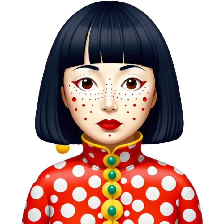 Yayoi Kusama – Cinematic Realistic Portrait of Yayoi Kusama, depicted as an avant-garde artist with an eccentric, captivating expression surrounded by her iconic polka dot patterns, rendered with vivid textures and imaginative lighting that evokes her unique, surreal creative world. emoji