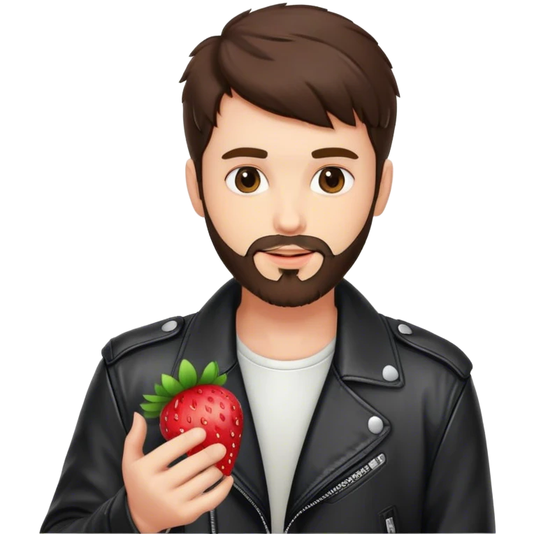 dressed with a black leather jacket, a brunette guy with a beard and toupee, holding a strawberry in love emoji