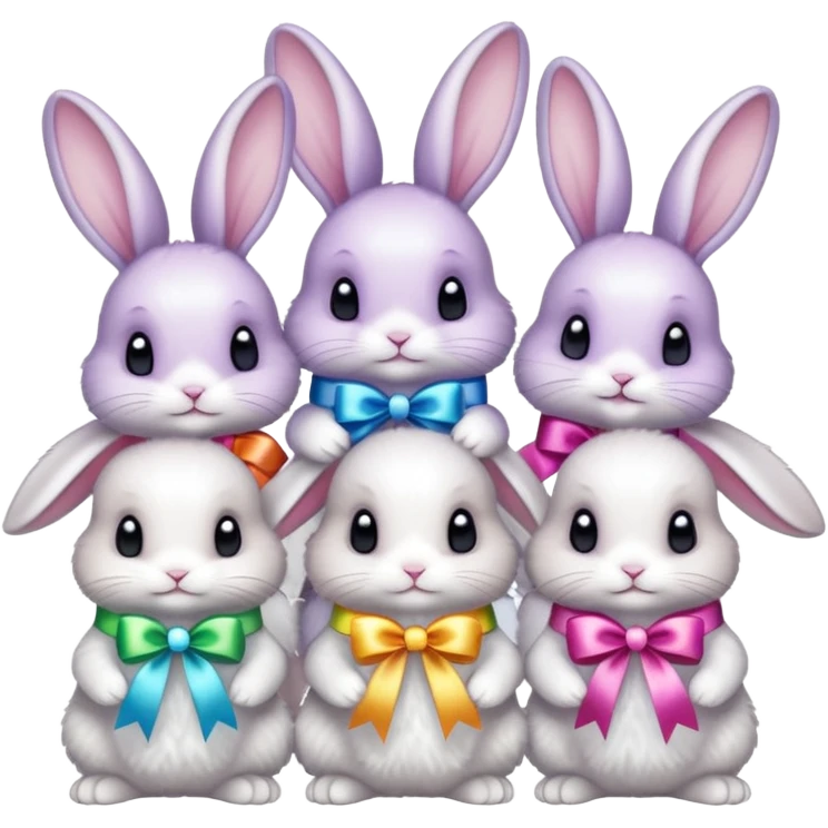 family of baby bunnies in line with ribbons holding crystals emoji