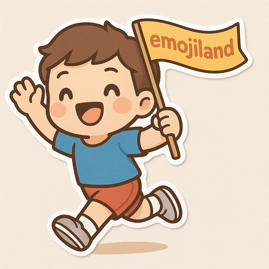 happy runner waving a flag that says 'emojiland' emoji