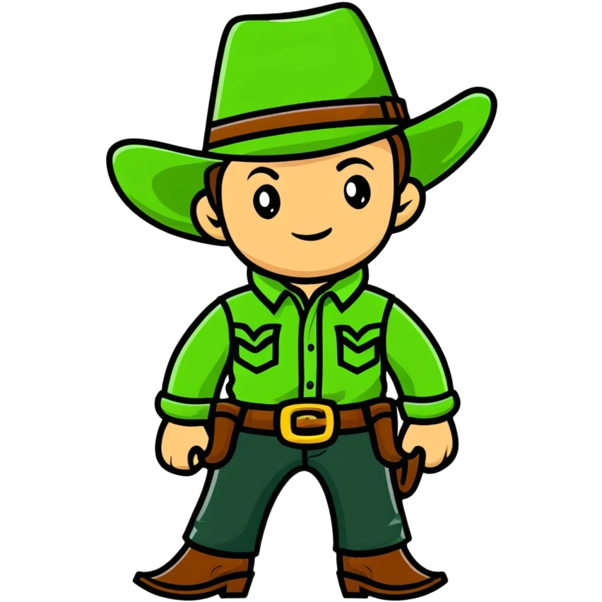 Cartoon cowboy with bright green outfit and matching green cowboy hat, western style emoji