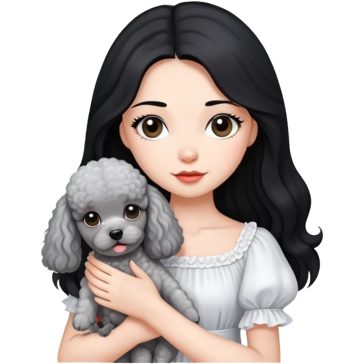 beautiful girl with long black hair in a white dress holding a small gray poodle emoji