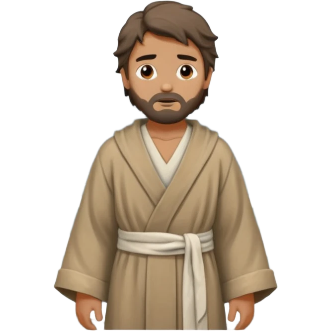 A biblical illustration of Jonah, a weary prophet with simple robes, standing on a stormy seashore. emoji