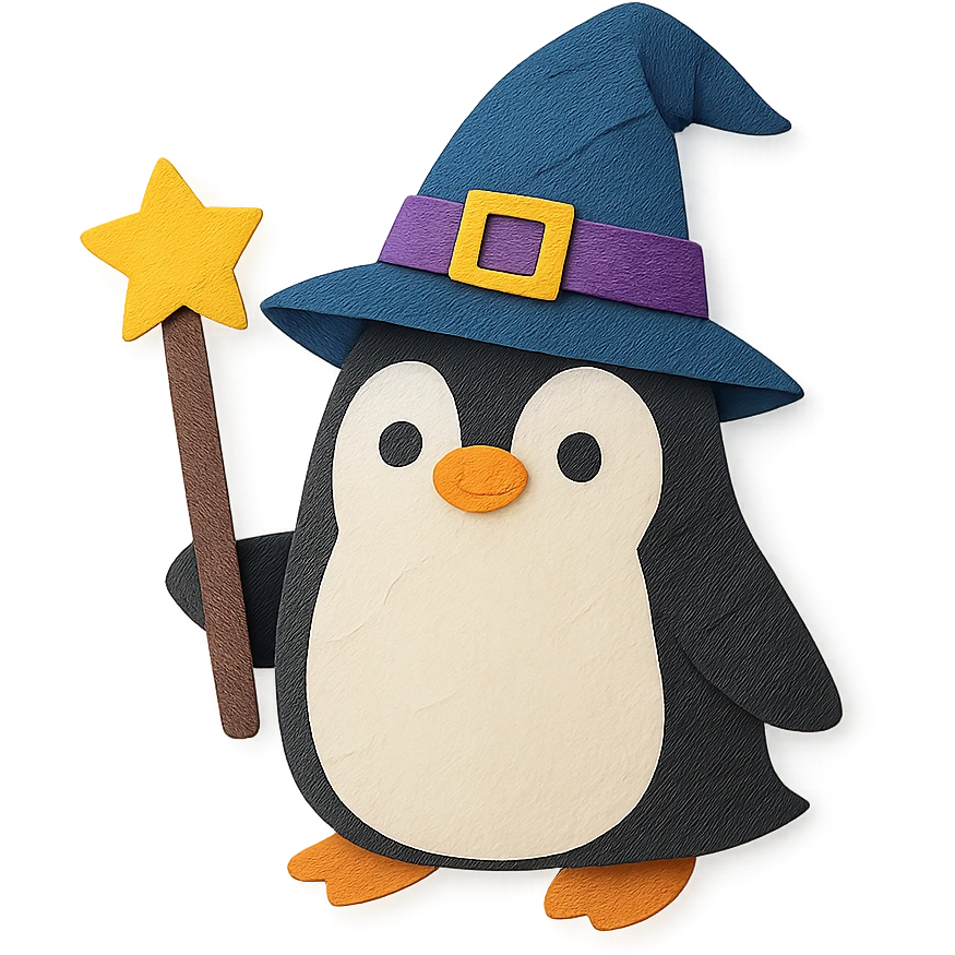 penguin wizard with layered paper textures emoji
