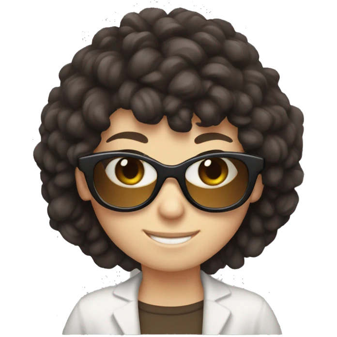 smiling white girl with shaggy dark brown hair and big dark glasses emoji