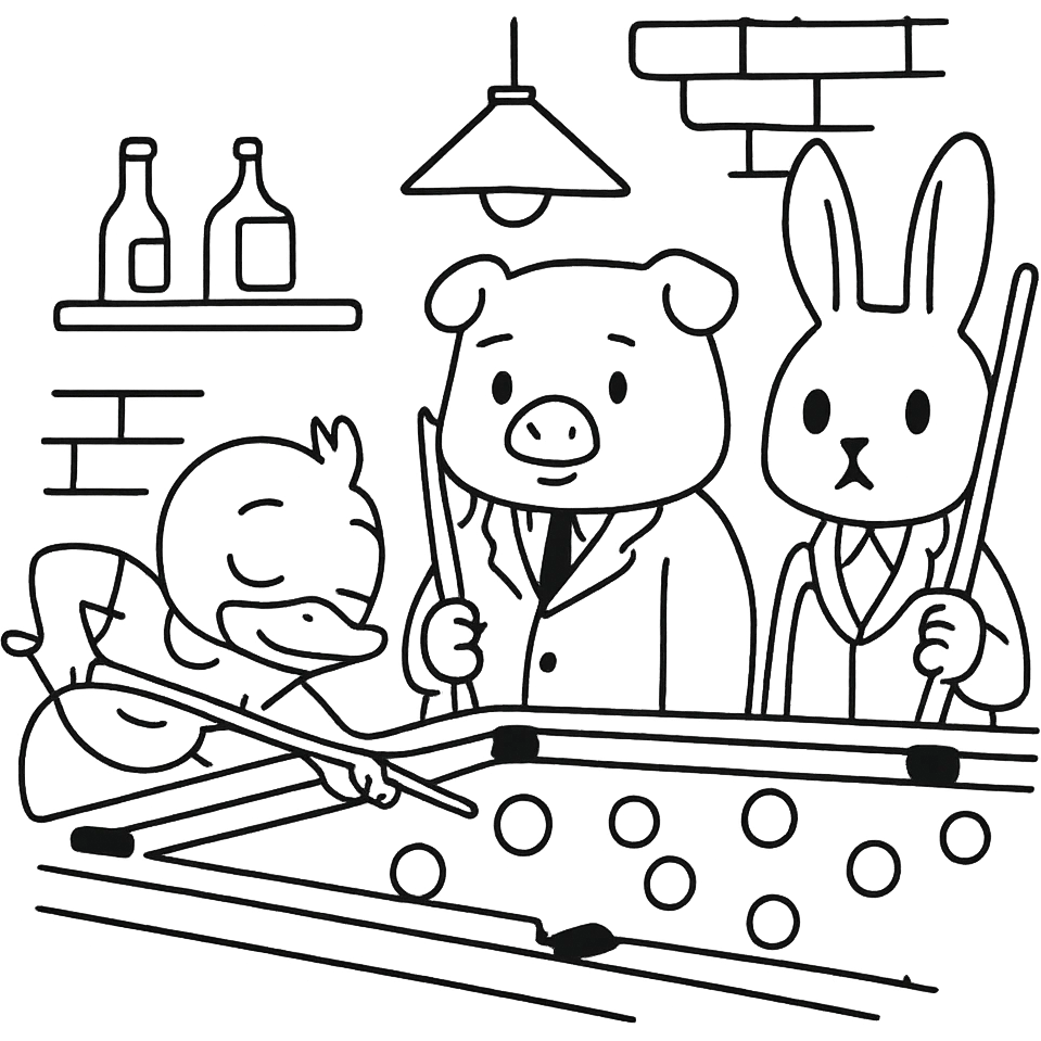 Cute scene for coloring: a duck, pig, and rabbit playing billiards in a bar, with a billiard table, cues, balls, and environment details. Simple line style, no fill, ideal for children to color. emoji