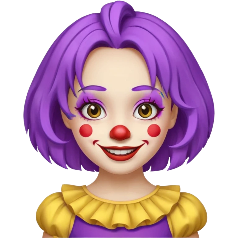 Clown girl with the human style. Has a purple wig, simple makeup, and a yellow dress emoji