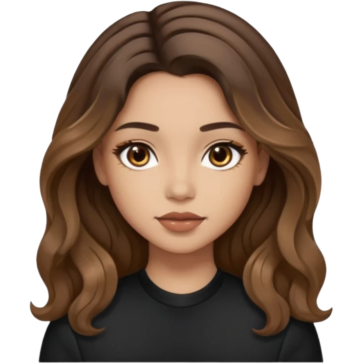 brown balayage hair long wawy (not to much curly/not afro), light skin tone, brown eyes, not too skinny, black outfit, beauty mark on  the left side of the face next to the lip

 emoji