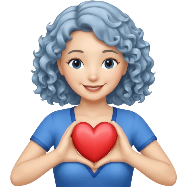 silver, wavy/curly hair chin-length lady giving hug with 2 arms, blue v-neck and smilingm add a heart emoji