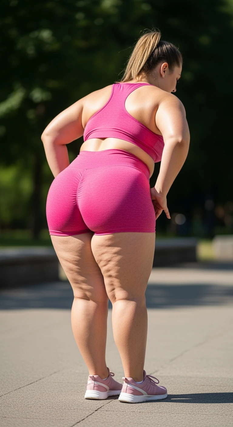 DONNA FITNESS DI SPALLE E LEGGERMENTE PIEGATA IN AVANTI A FIGURA INTERA CON COSCE GRASSE E CELLULITE, IPERREALISTICA 4K emoji