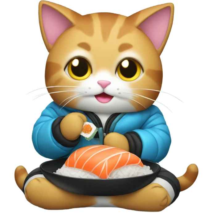 cat wearing a puffy jacket eating sushi emoji