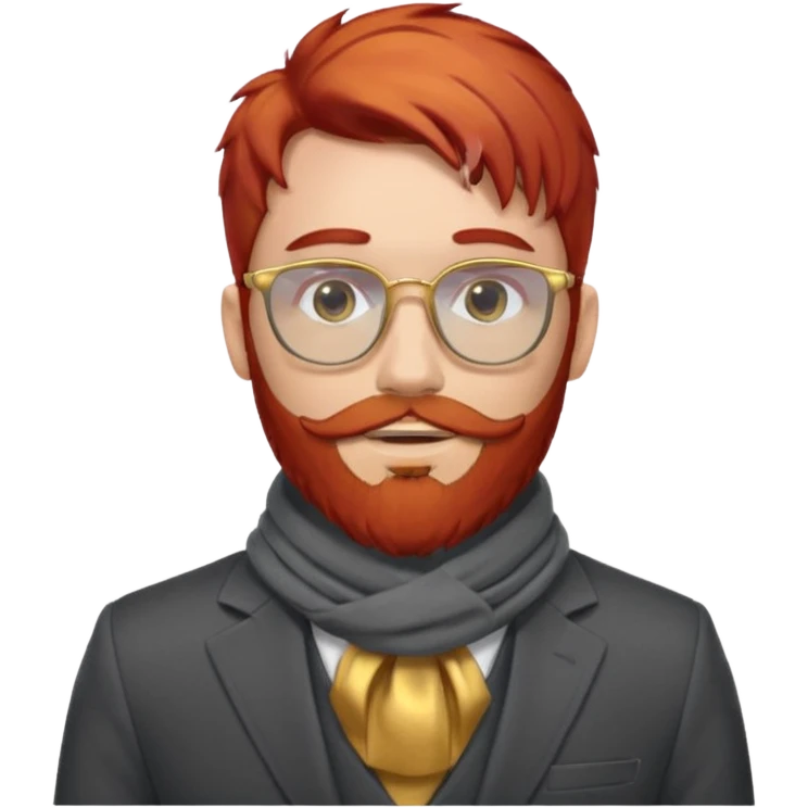 gray scarf, male,  beard, red hair, with suit, gold glasses emoji