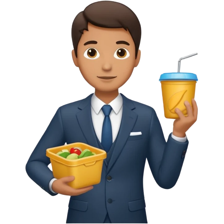 man with suit holding food container emoji