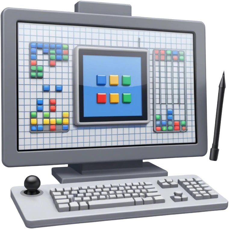Emoji for Game Design: computer screen with Professional game development interface, 3D models, pixel art and design tools like grid, wireframe, joystick, stylus. Symbolizes the technical and creative process of game development. Transparent background. emoji