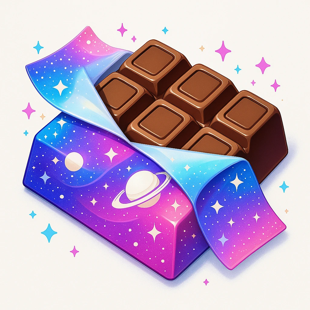 A chocolate bar with pink, blue, and purple colors, with a galaxy pattern, in 3D iOS style, with a white background, surrounded by small stars and sparkles, with more details. emoji