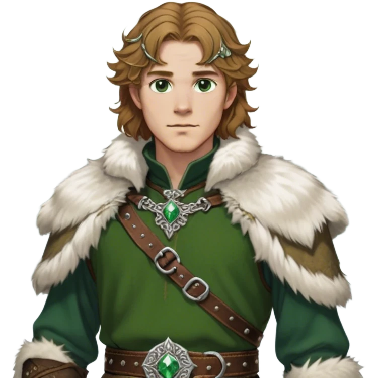 Medieval winter outfit worn by a DnD themed fantasy male character. Heavy olive green wool tunic with lynx fur collar, secured with ornate silver fastenings and a thick embossed leather belt. Clothes only above the waist, full waist coverage. The character has no arms. Character is white-skinned with golden brown hair, forest green eyes, and shoulder-length wavy hair with ice-crystal highlights. emoji