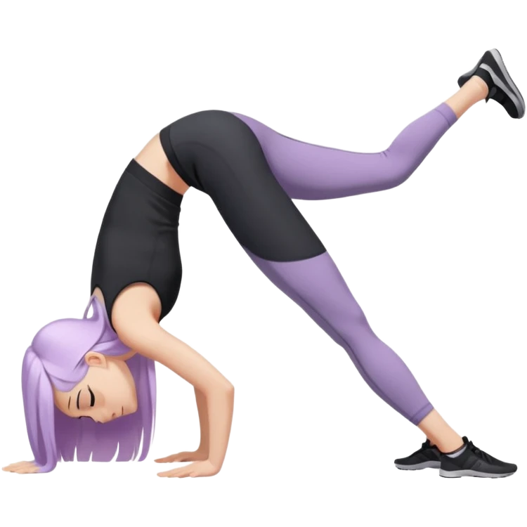 Девушка белокожая в позе собака мордой вниз, с длинными светло-лиловыми волосами, в черном топе, в серых спортивных штанах, с черными ресницами emoji