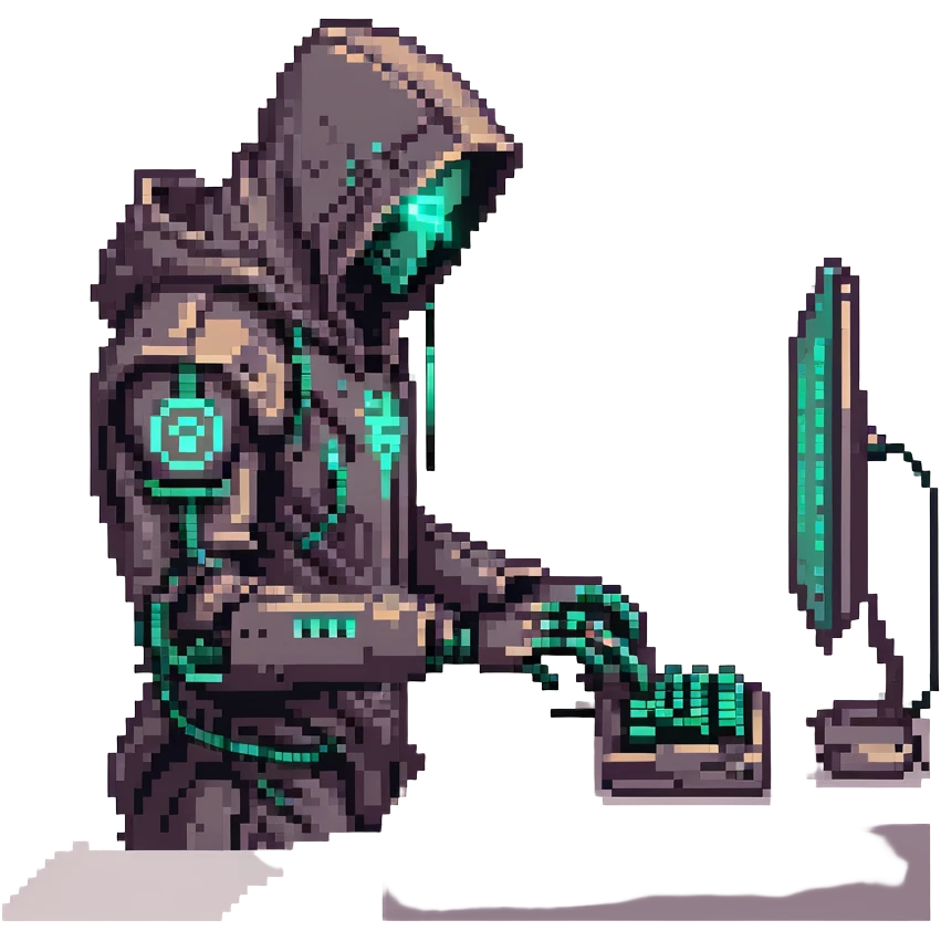 Dark cybernetic robot hacker with neon details, hood, typing on keyboard, hacking code emoji