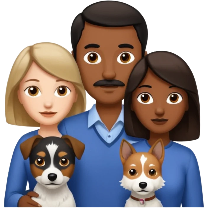 Quiero a una mujer blanca  con el pelo por el hombro lacio castaño  con un hombre de color morochito con el pelo negro y bigote, y un perro blanco Fox terrier  emoji