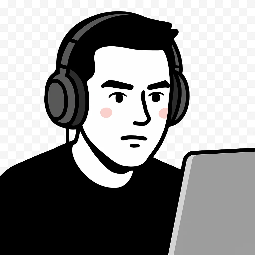 A tech enthusiast with headphones, a focused expression, and modern style, looking at a screen emoji