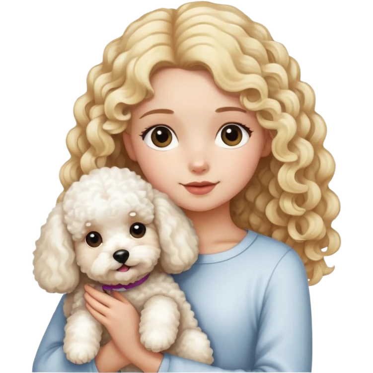 A girl -with long blond curly hair- holding- a bichon frise -and- a teddy dog emoji