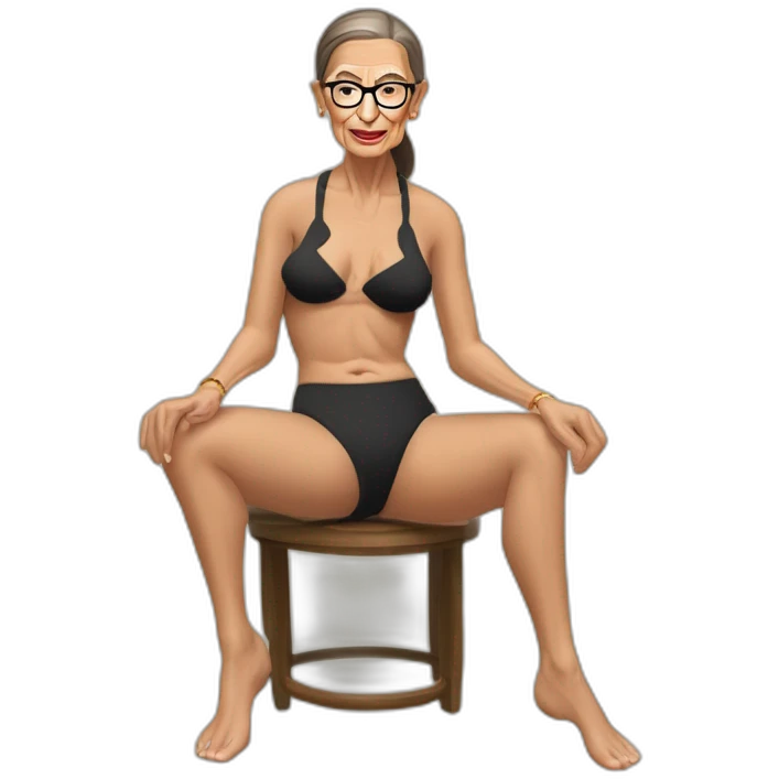 sexy ruth bader ginsburg wearing crotchless bikini bottoms bare chest (full body, ios17, sitting indian style on the ground, legs apart) emoji