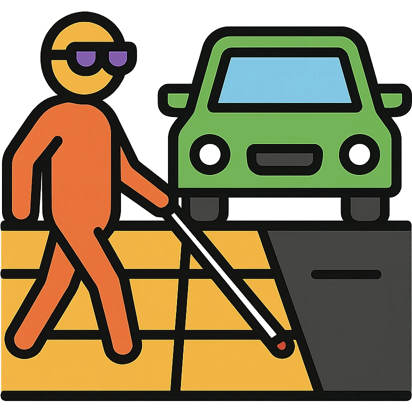 a blind person with a white cane walking on a pavement, but a car is parked blocking the path, color outline icon style emoji