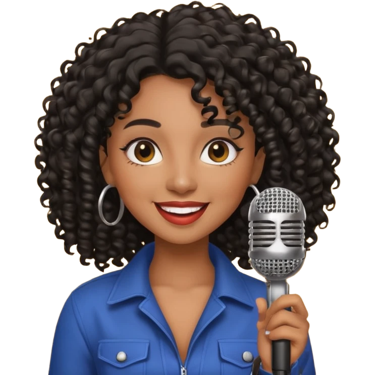 brown skin woman, curly black hair, singer, hold micro emoji
