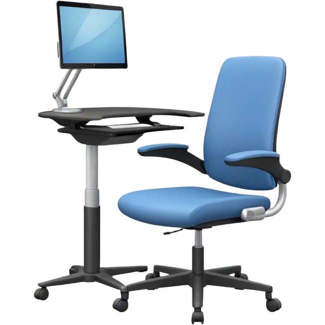 3D minimal icon of a height-adjustable motion desk with a modern ergonomic office chair, featuring a subtle accent in #FF3D00. Clean, high-end, and modern style. emoji