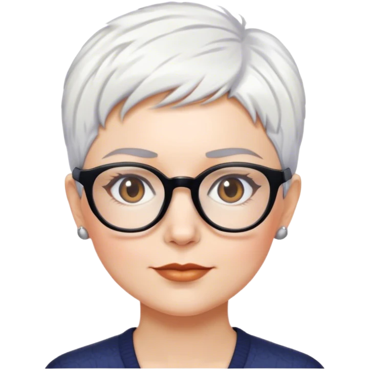 White woman with short pixie white hair glasses brown brows emoji