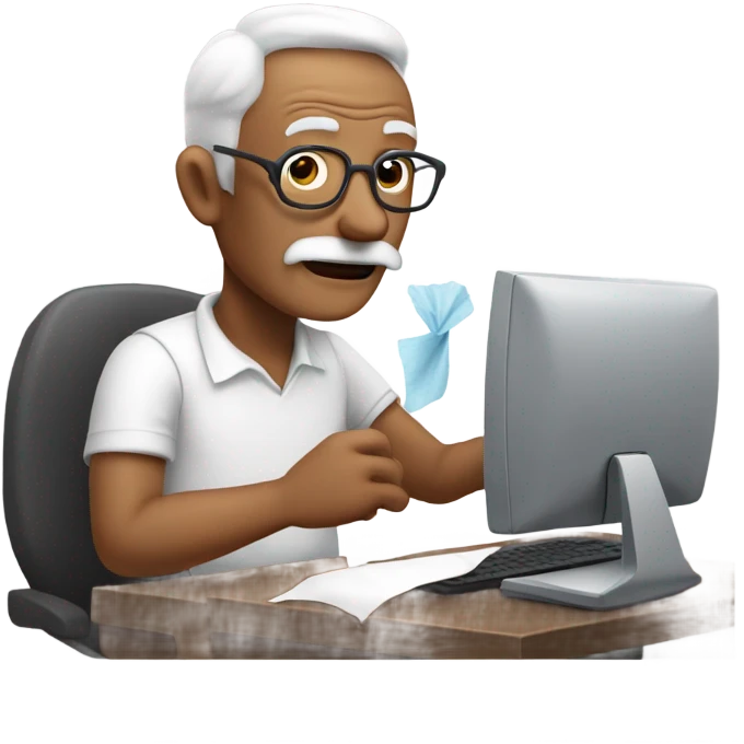 Grandpa using computer with tissue in hand   emoji