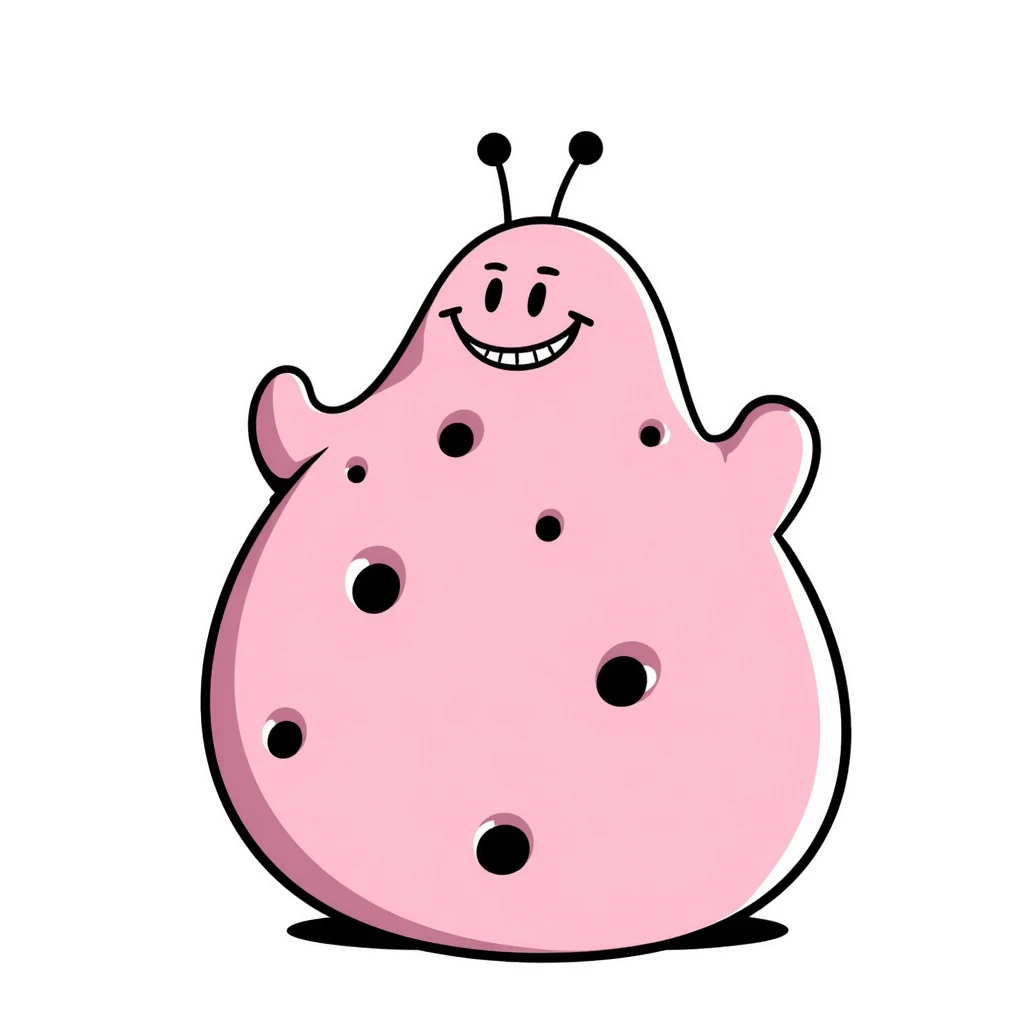 Majin Buu from Dragon Ball Z, pink blob monster with holes, antenna on head, mischievous smile emoji