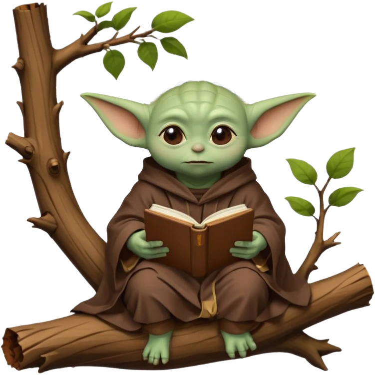 Baby Yoda con su tunica chocolate leyendo en un bosque sentado en una rama caida de un arbol emoji