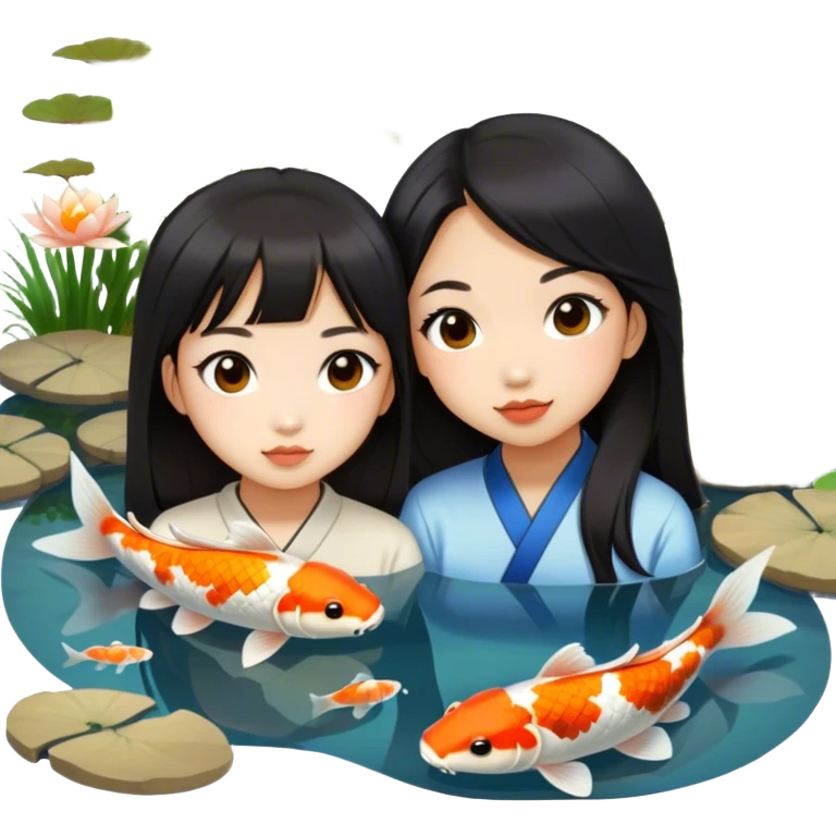 two asian girls koi pond emoji