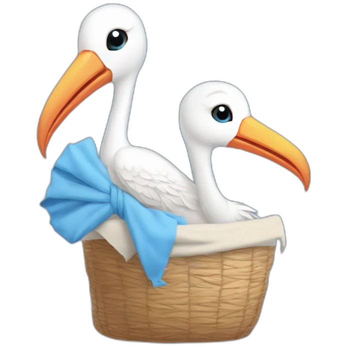 White stork carrying a blue bundle of cloth in its beak that has a human person cute baby with and the human baby head is peeking from the fabric bundle the strok is carrying with its beak emoji